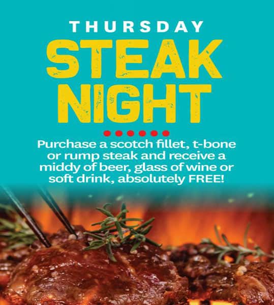 Weekly Meal Deals: Thursday Steak Night at Macksville Ex-Serivces Club